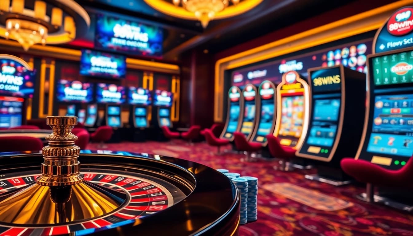 Experience exhilarating online gaming with 98WINS CO COM in a lavish casino setting.