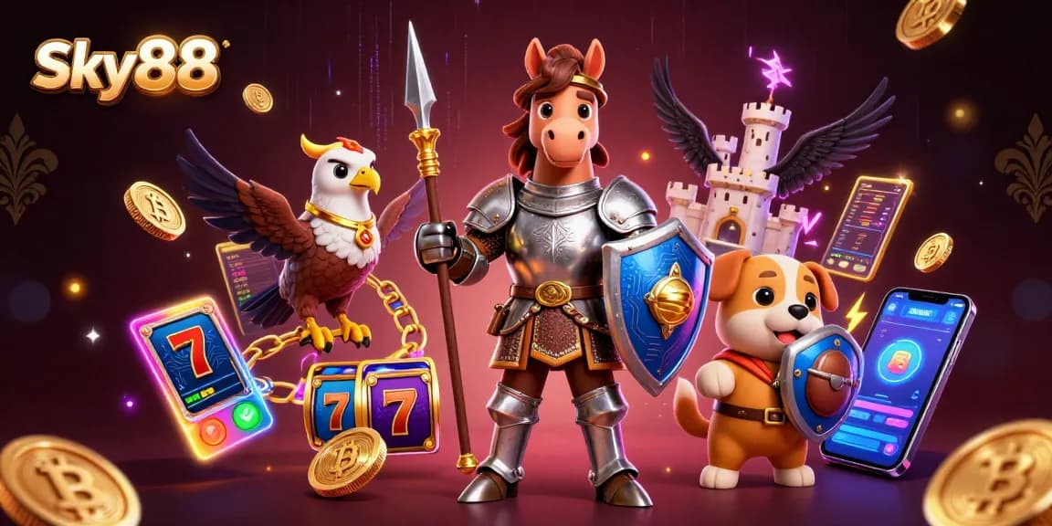 Engage in thrilling gameplay at Sky88, featuring slot reels and ethereal crypto elements all around.