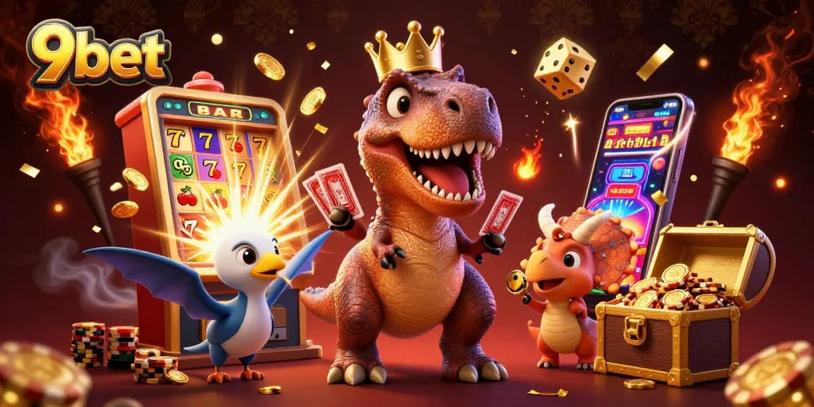 Experience the excitement of 9bet with cartoon T-Rex and friends in a vibrant casino scene.