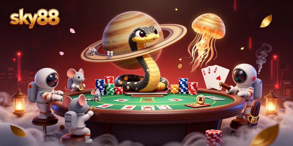 Experience the thrill of sky88 casino with astronaut mice betting on a cosmic roulette wheel.