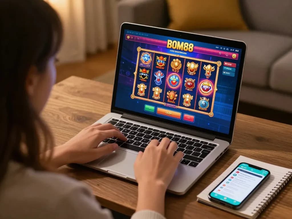 BOM88 player engaging with online slots on laptop in a cozy home setting, emphasizing responsible gambling.