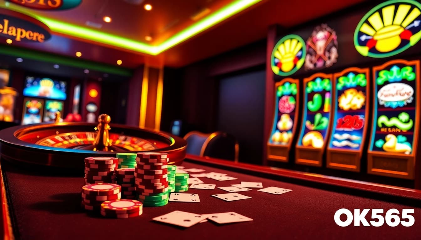 OK365 excites gamblers with colorful poker chips and vibrant slot machines in a luxurious casino setting.