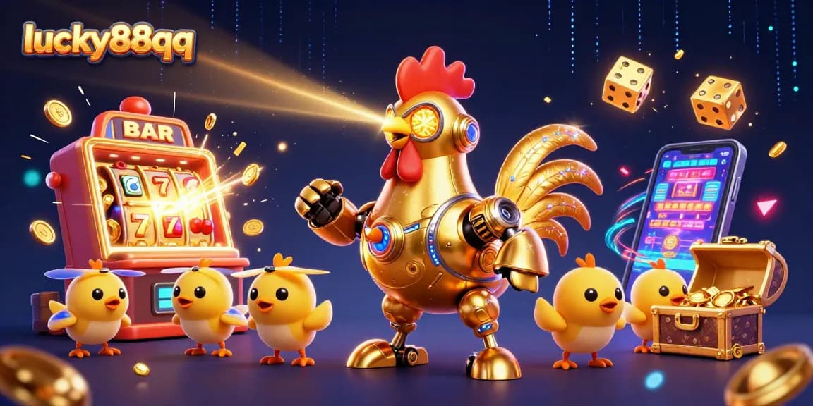 Engage with lucky88qq's dynamic casino world featuring a golden rooster robot amidst vibrant slot action.