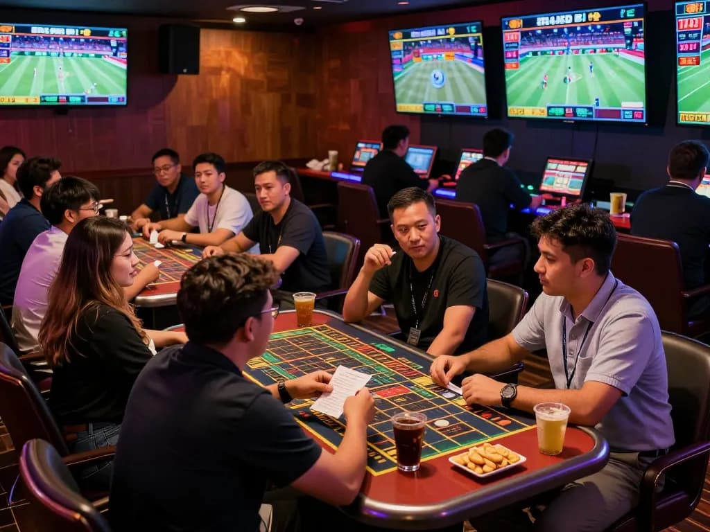 Engaging experience of FABET trang cá cược in a lively sportsbook with bettors placing bets.