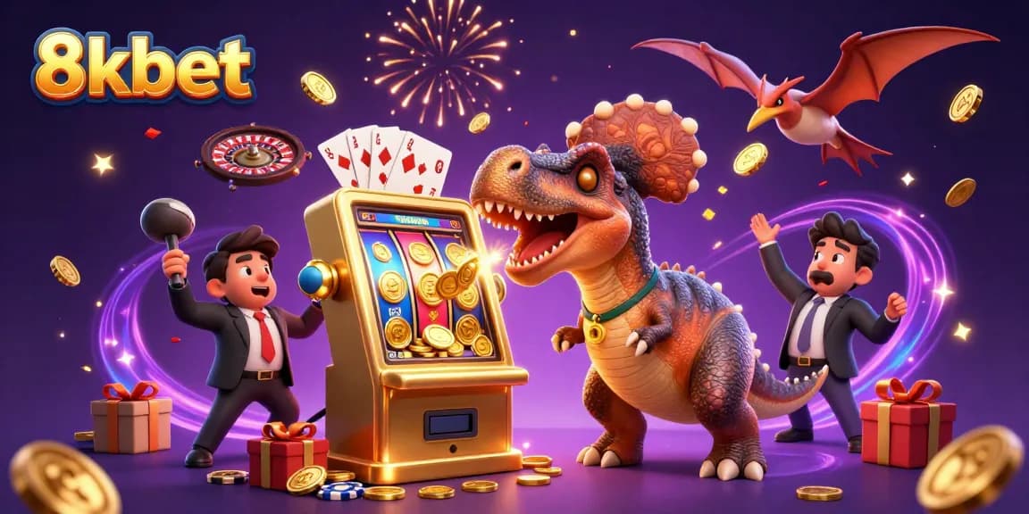 Experience the thrill of 8kbet with animated dinosaurs and jackpot winnings in this exciting casino illustration.