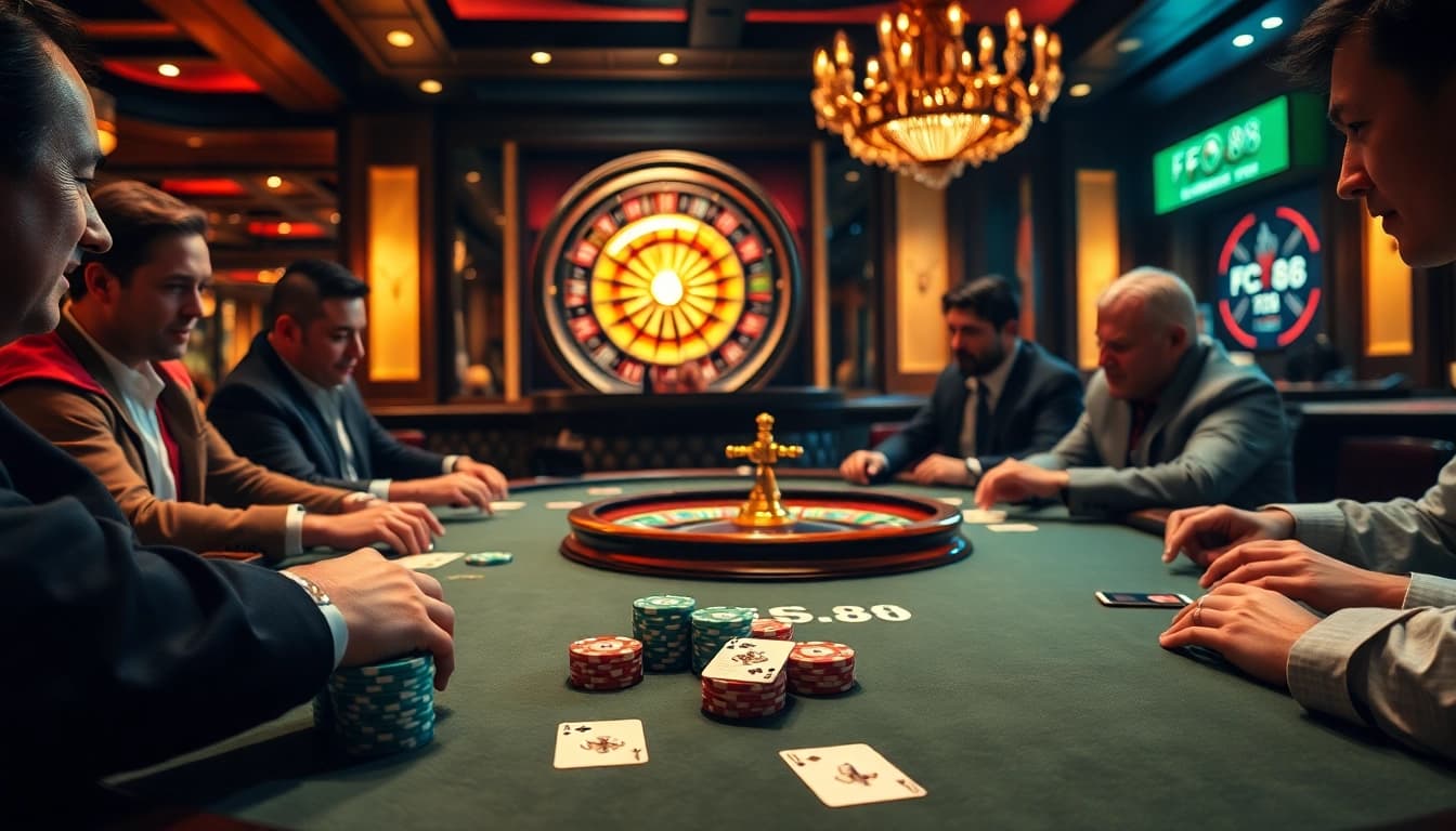 Engage in thrilling gameplay at the casino featuring FC88.football-inspired décor, poker chips, and roulette.