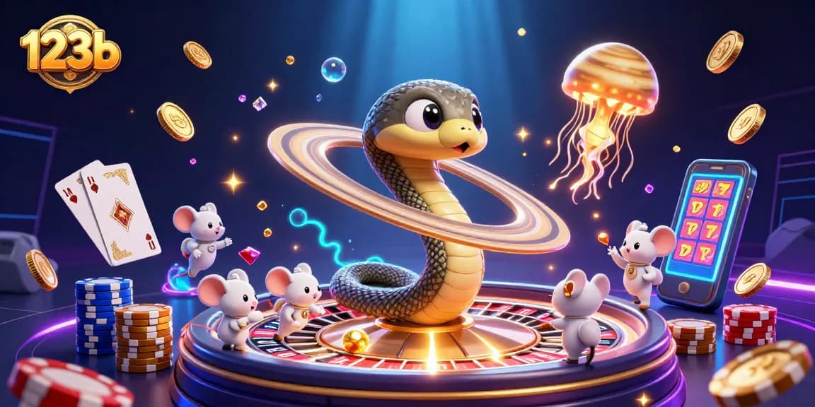 Experience thrilling bets at 123b with astronaut mice and a cosmic jellyfish dealer in a vibrant casino scene.