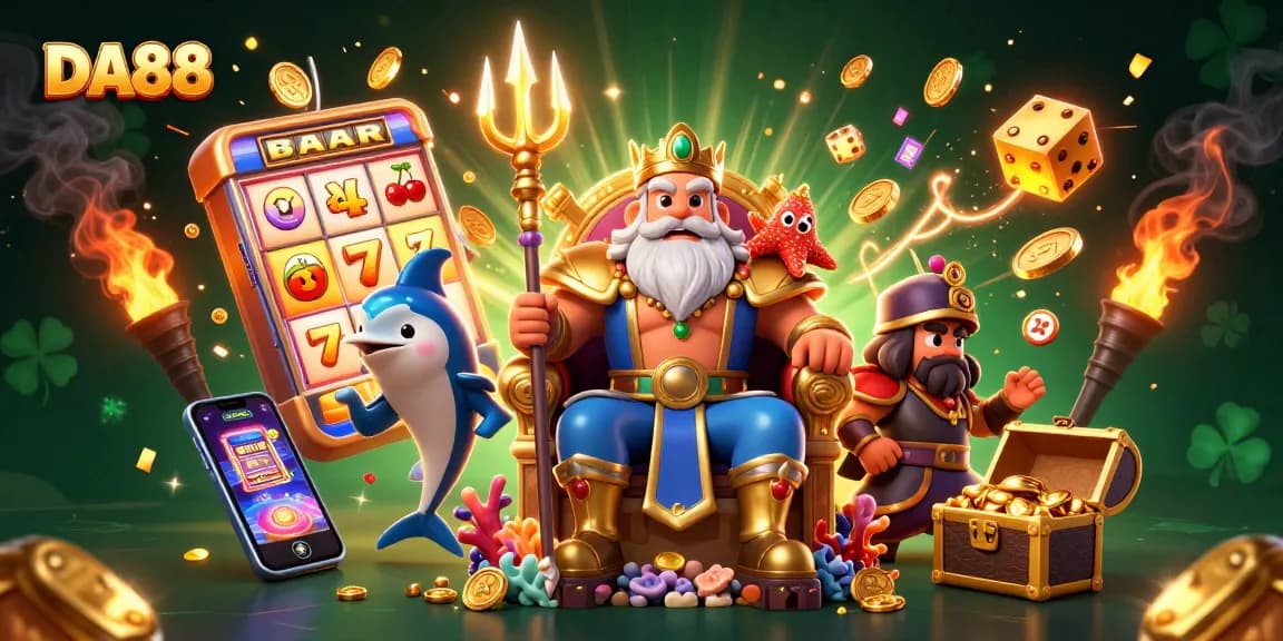 Experience the thrill of DA88's casino adventure with a vibrant 3D scene filled with excitement and jackpots.