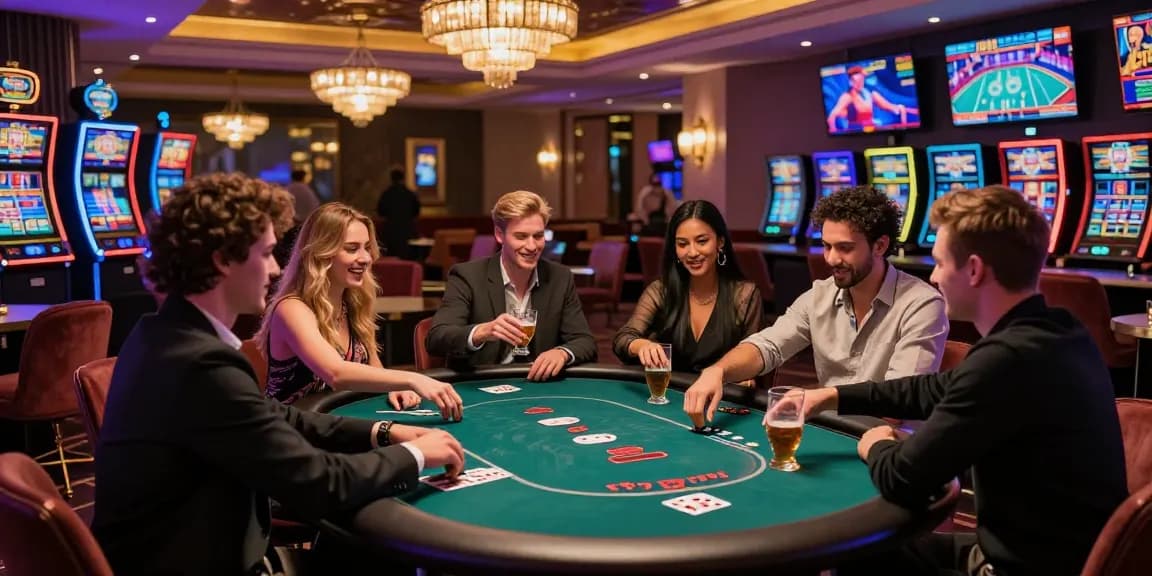 Experience the vibrant atmosphere of gambling at https://ko66vn.site/ with friends celebrating wins in a luxurious casino setting.