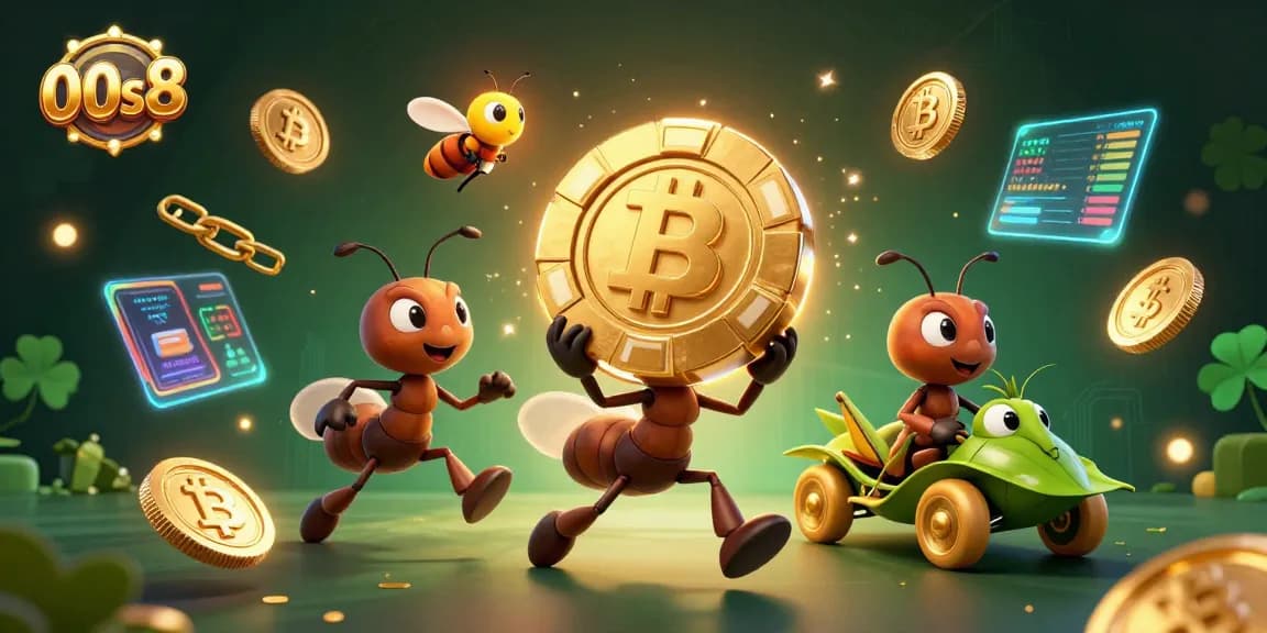 Experience the excitement at 00s8 with ants on a heist amidst glowing cryptocurrency elements in a vibrant gambling scene.