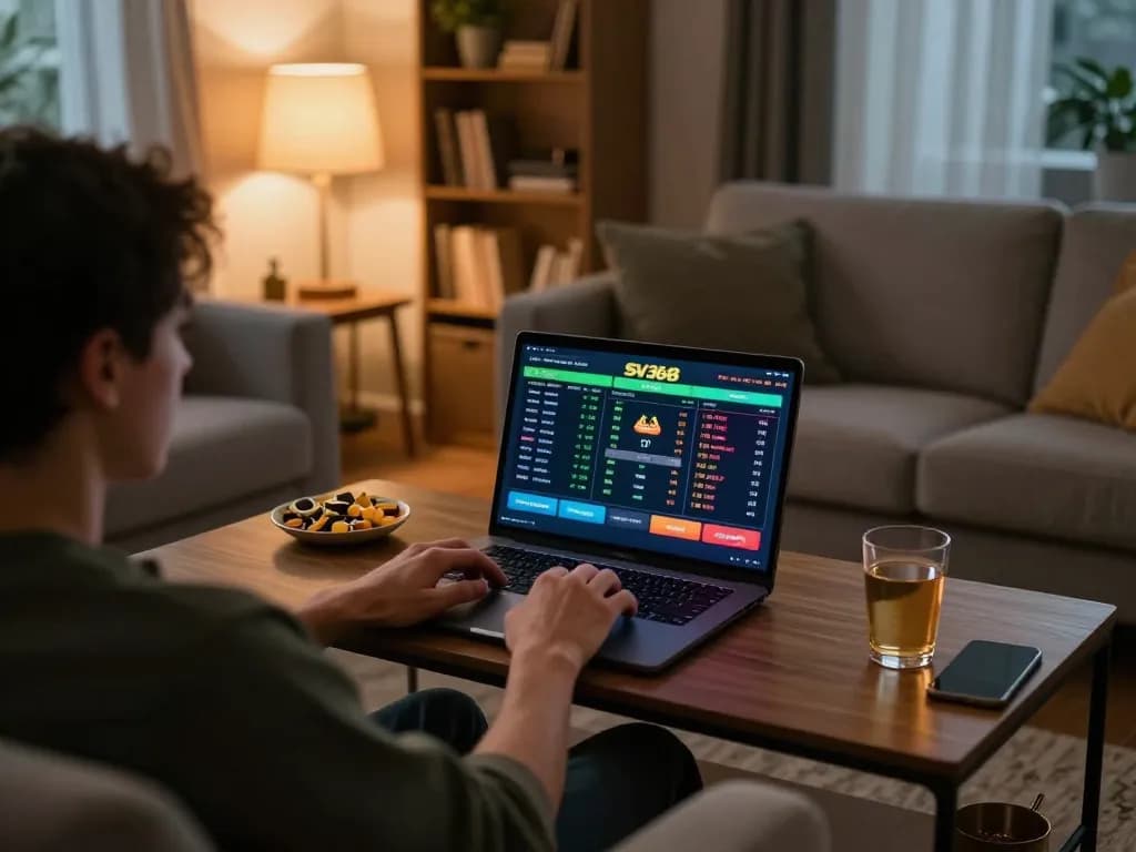 Engaging in sports betting on SV368 from a cozy home setting, highlighting a relaxed online gaming experience.