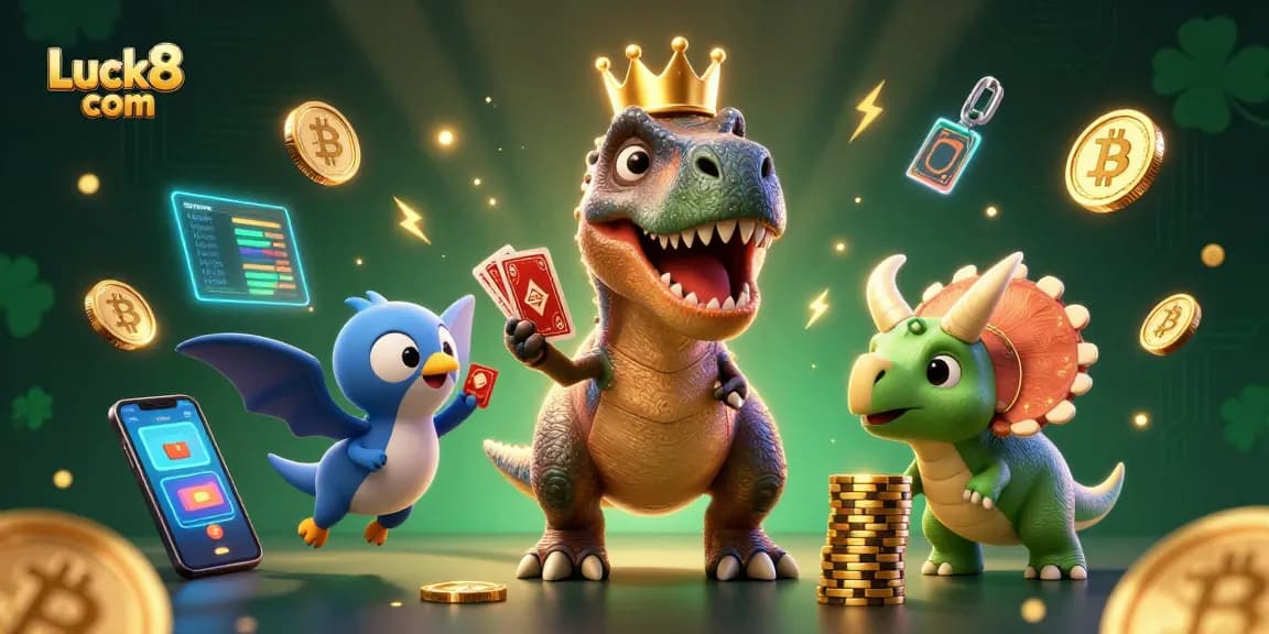 Engage in thrilling casino action with Luck8 com in this vibrant 3D illustration featuring dinosaurs and crypto.