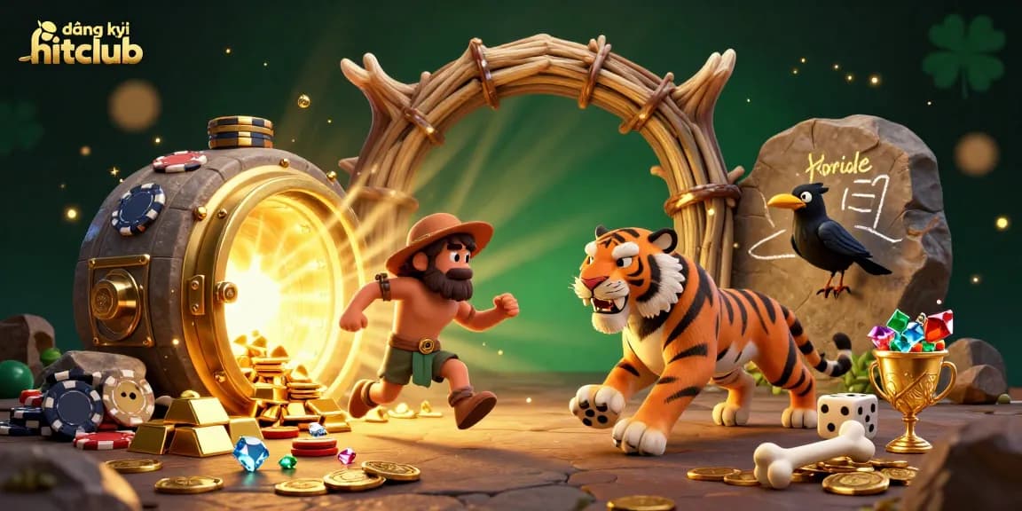 Experience the excitement of đăng ký hitclub with this vibrant casino scene showcasing a caveman and his saber-tooth tiger in action.