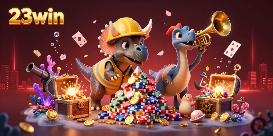 Play exciting games at 23win, featuring vibrant 3D illustrations of a lively casino scene.