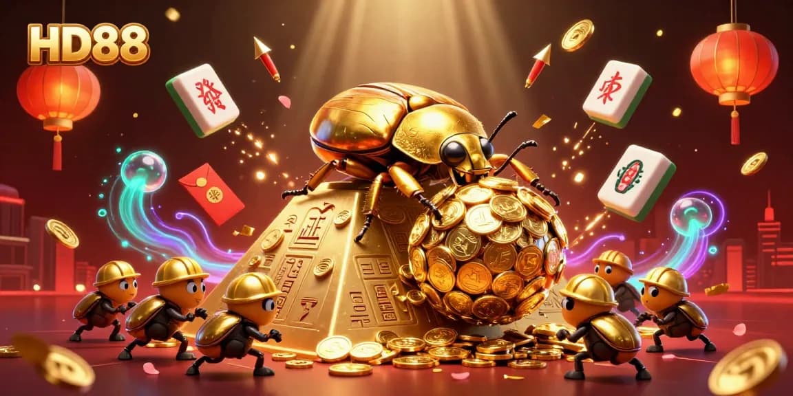 Experience thrilling gameplay at HD88 with vibrant 3D illustration portraying a golden dung beetle amid casino symbols.