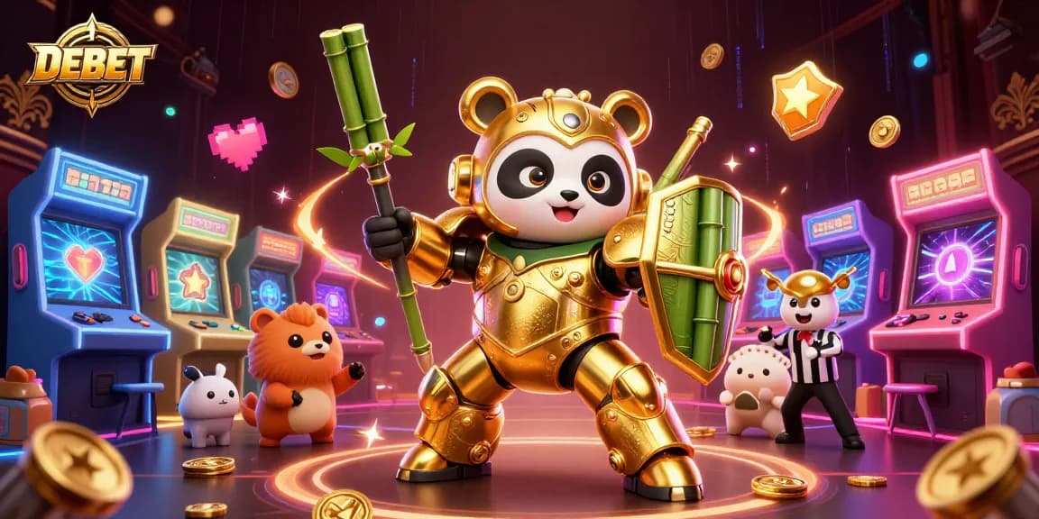 Play exciting casino games in DEBET featuring a dynamic arena scene with 3D cartoon characters and vibrant gaming elements.