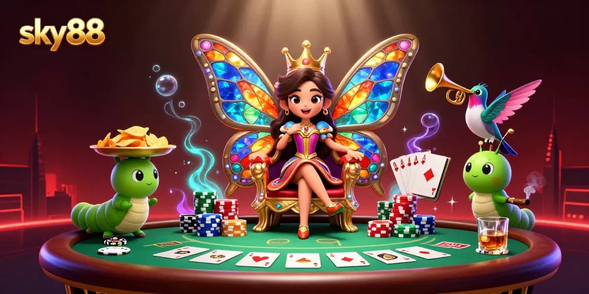Experience intense strategy with sky88's vibrant casino illustration featuring poker elements and colorful characters.