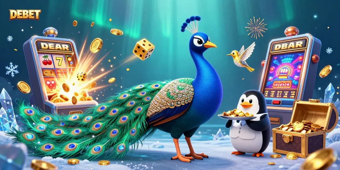 Play slot games at DEBET with a visually stunning scene featuring a peacock, penguin, and hummingbird among jackpots.