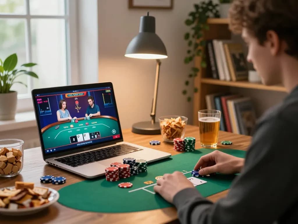 Player enjoying live dealer poker on hitclub-9 in a cozy home setting with ambient lighting.