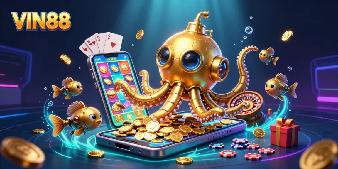 Experience the vibrant excitement of VIN88 with a golden kraken submarine unleashing jackpot treasures!