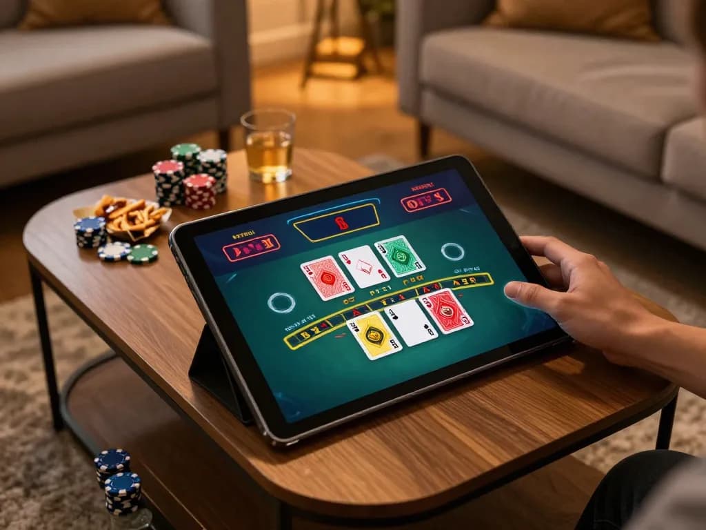 Players engaged in online blackjack gaming at nhà cái 23WIN on modern tablet, creating a cozy home atmosphere.
