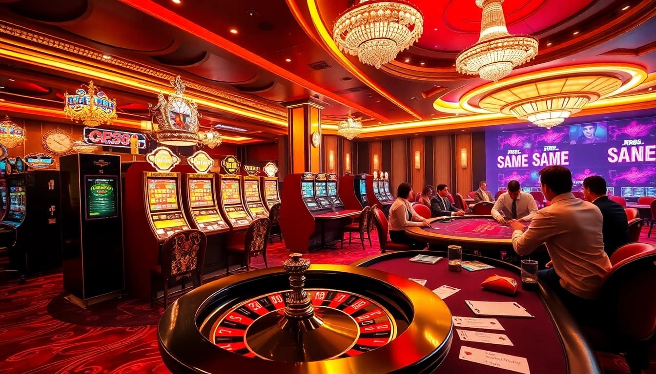Experience the thrill of RR88 at an elegant casino with dynamic gaming elements and luxurious decor.