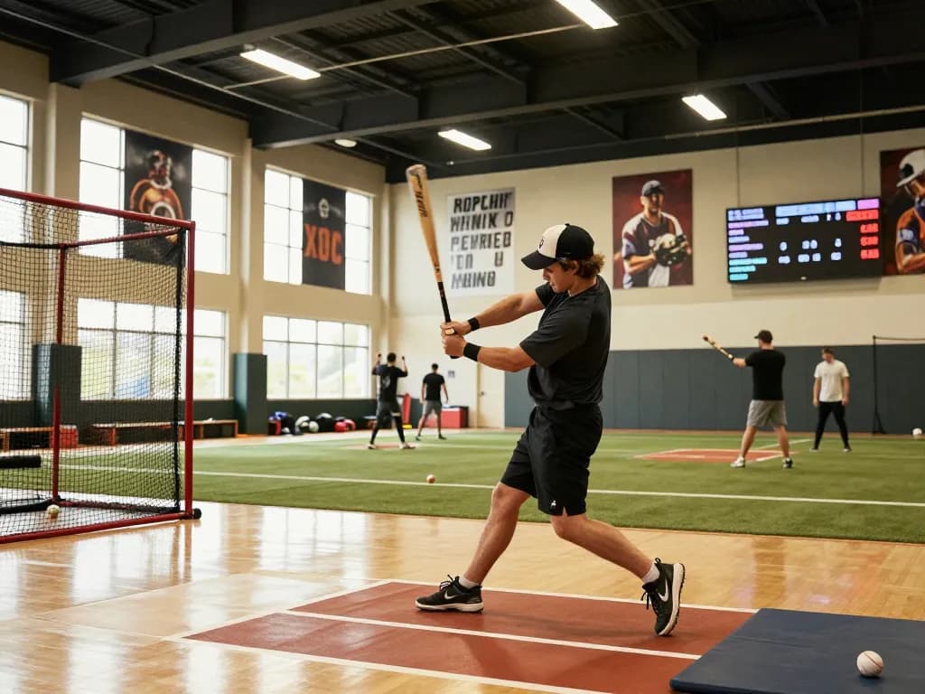 Hitclub athlete practicing swing in dynamic indoor baseball facility with training equipment.