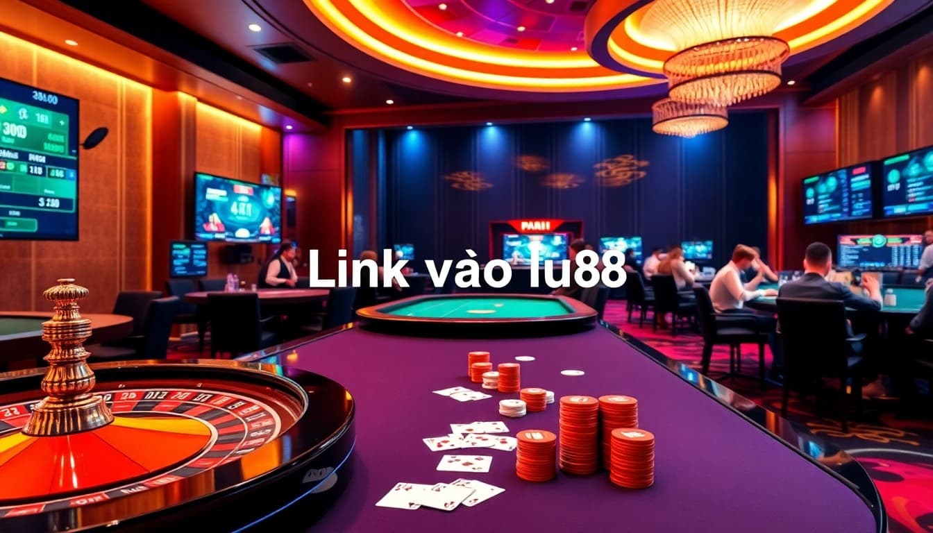 Link vào lu88 depicted in a vibrant casino scene with poker chips, cards, and roulette tables.