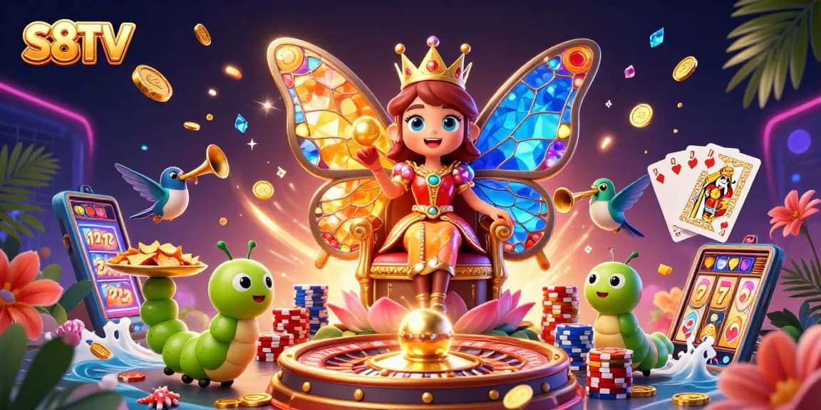 Experience thrilling wins with S8TV as vibrant casino elements burst around a butterfly queen.