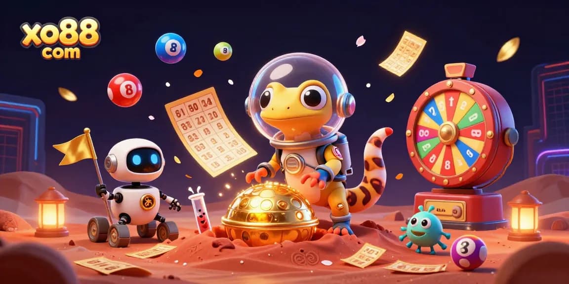 Engaging scene from xo88 com showcasing a Martian gecko at a golden casino with vibrant lottery elements.