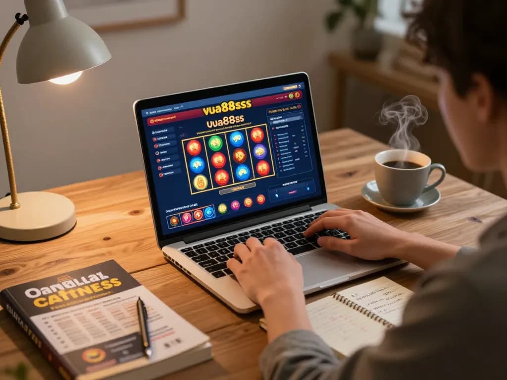 Engaging in online gambling at vua88sss with a laptop and strategy notes in a cozy home setting.