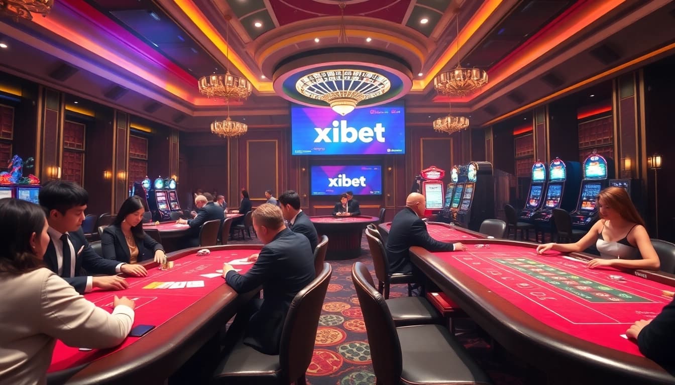 Experience high-stakes excitement with Link vào xibet at the casino with vibrant tables and slot machines.