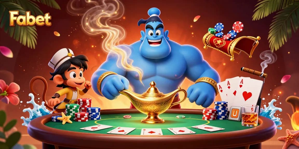 Engage with Fabet's thrilling gambling scene featuring a genie, monkey, and poker chips.