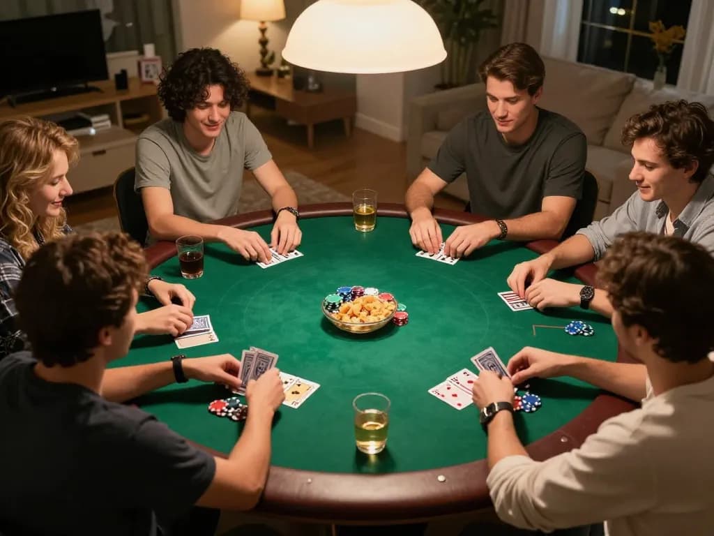 Friends playing poker during a cozy home night, embodying friendly competition while engaged in 9 bet strategies.
