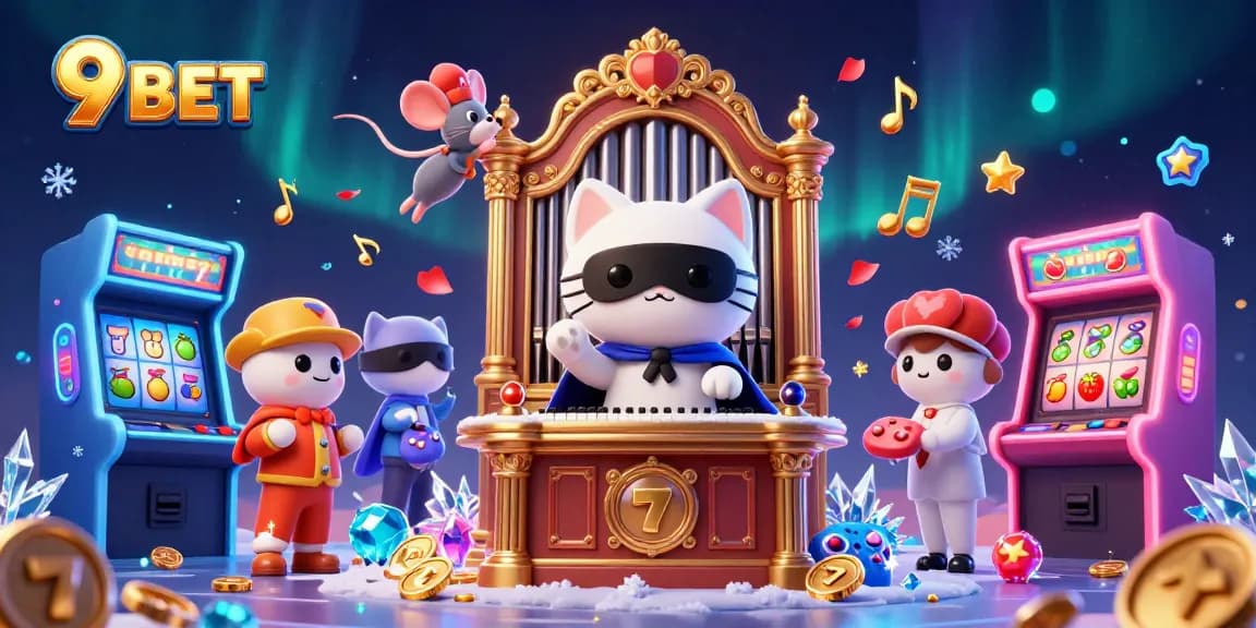 Enjoy thrilling casino action with 9 BET’s vibrant 3D cat and acrobat illustration.