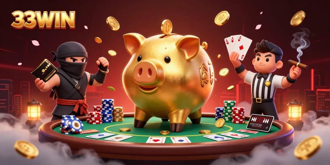 Experience thrilling gameplay with 33WIN at an energetic poker table featuring vibrant characters.