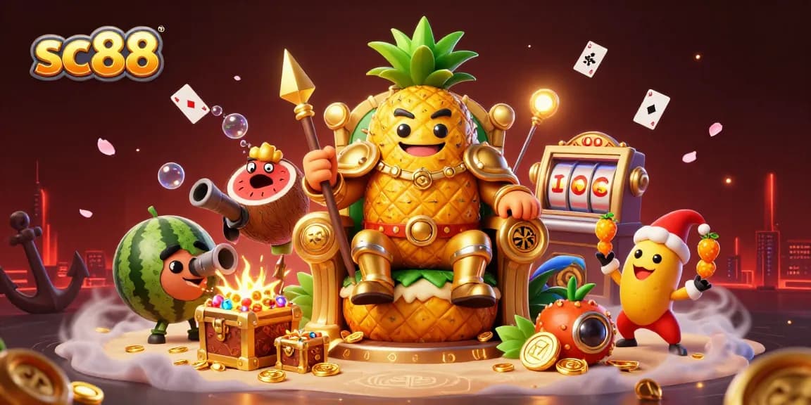 Engage in thrilling slots and gameplay with SC88's vibrant casino scene featuring a golden pineapple king.