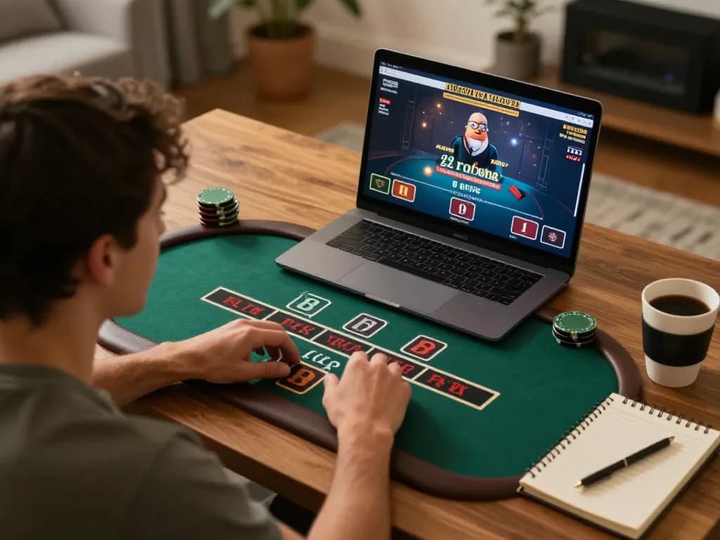 Player engaging in LUCKY88 blackjack strategy session at home, laptop displaying live dealer game, cozy atmosphere