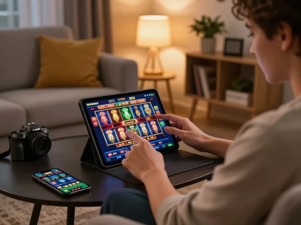 A person engaging with online games on rr88.center in a cozy living room setup, showcasing tablet and smartphone interactions.