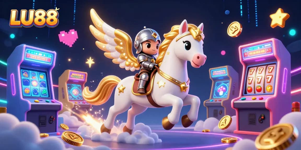 Experience thrilling slots at LU88 with a celestial horse and colorful gaming elements in a vibrant casino scene.