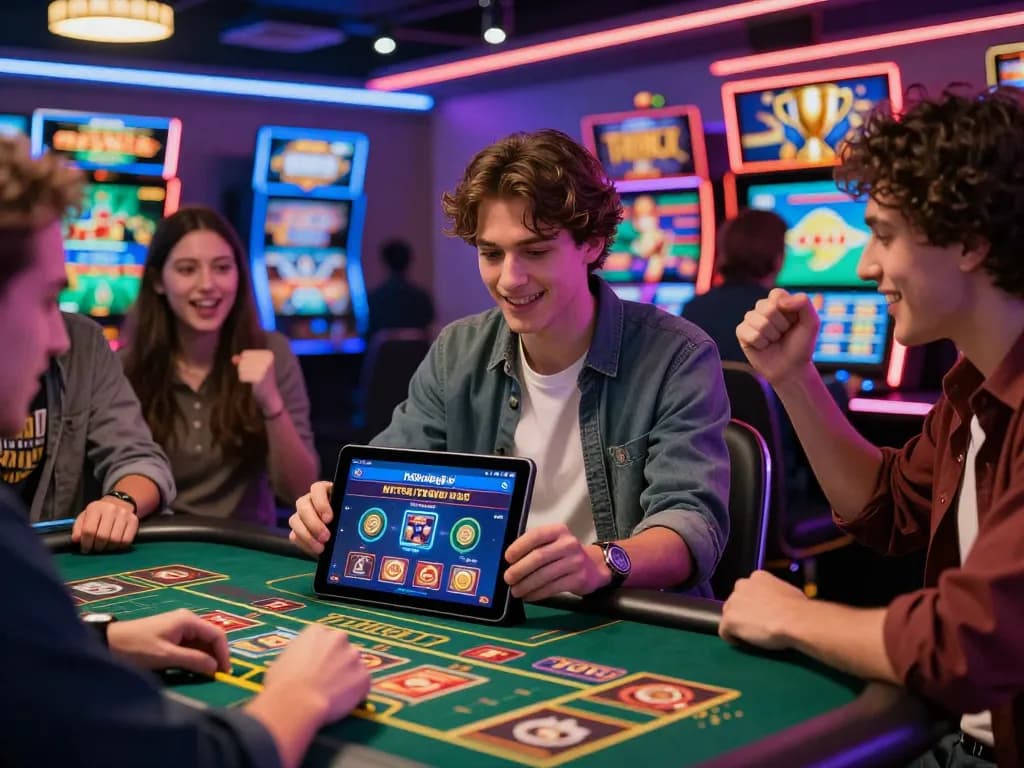 Engaged players using the https://79kingg.us/ app in a vibrant digital gaming environment, celebrating wins with exciting casino graphics.