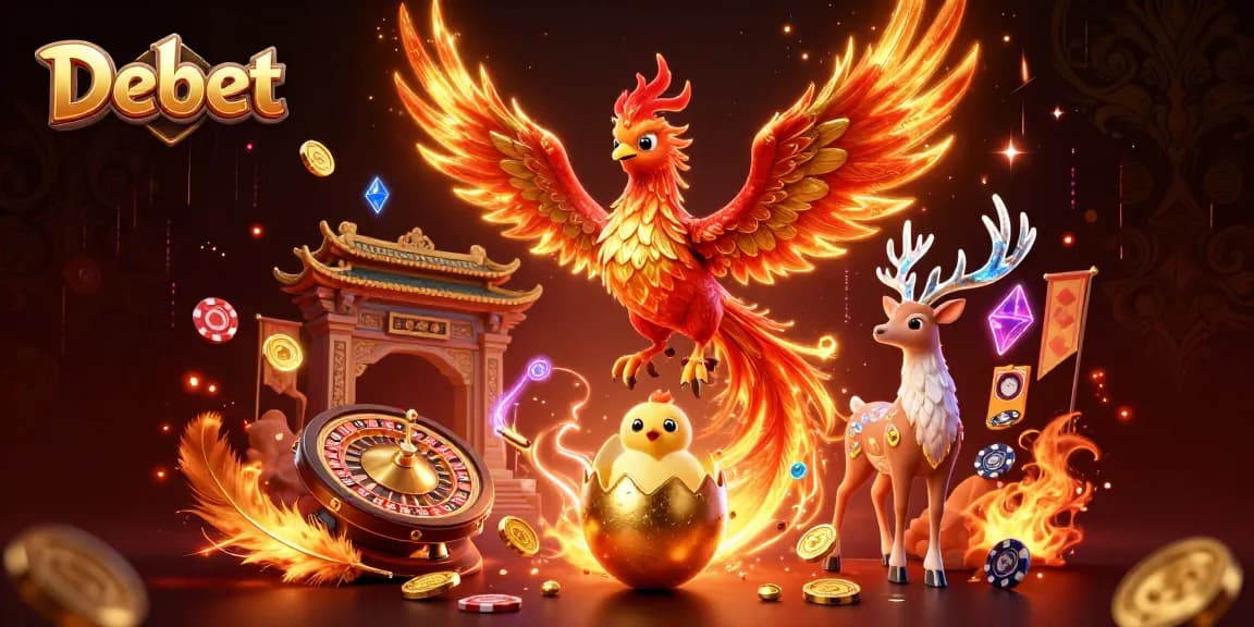 Engage with Debet's thrilling gaming experience amidst a magical phoenix and mystical stag.