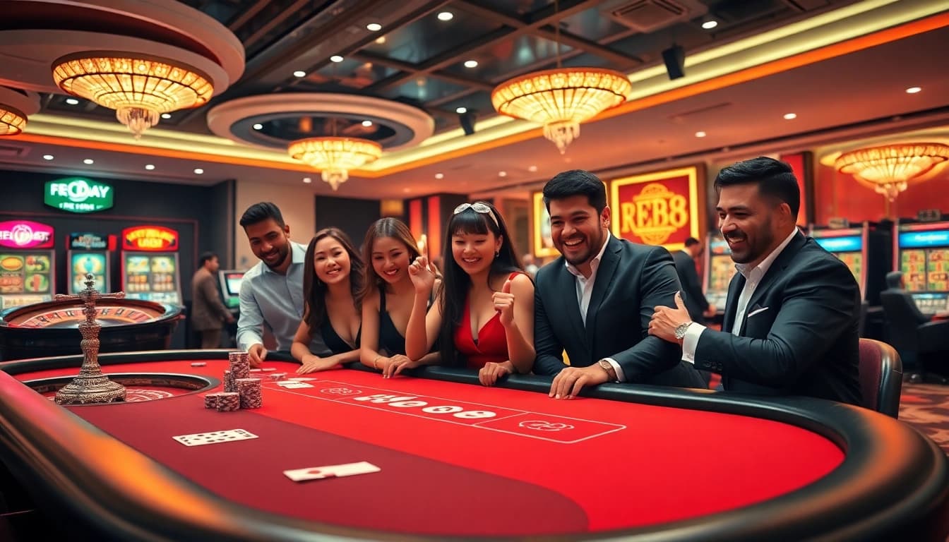 Exciting casino scene at https://red88.day/ with diverse players at a poker table and a vibrant roulette wheel.