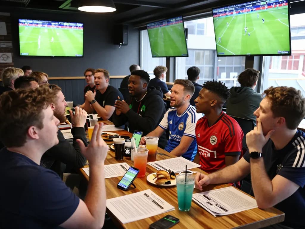 Soi kèo bóng đá anh during an exciting Premier League match in a lively sports bar, fans engaging in analysis and discussions.