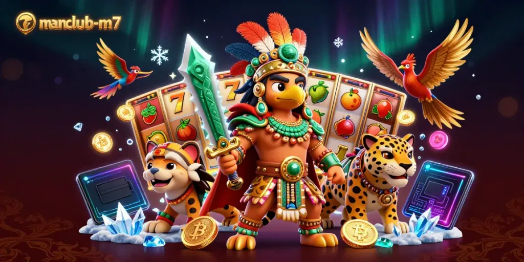Play slots with the manclub-m7 Aztec warriors amidst vibrant 3D casino elements