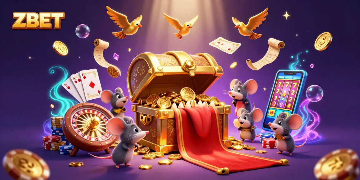 ZBET's vibrant casino enrichment scene with treasure chest, coins, and roulette elements