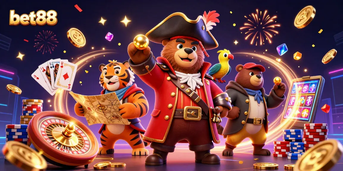 Join the adventure at bet88 where a pirate bear and his tiger mate explore thrilling casino treasures.