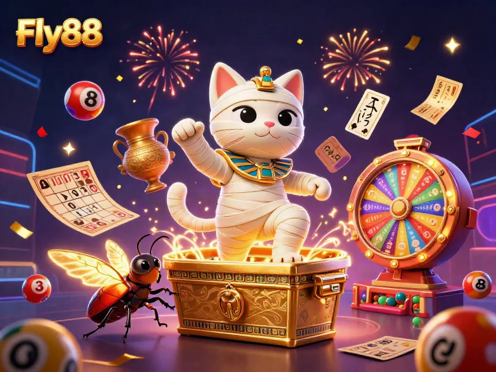 Experience the excitement of Fly88 in this vibrant 3D casino scene featuring a mummy cat bursting forth amidst colorful lottery elements.