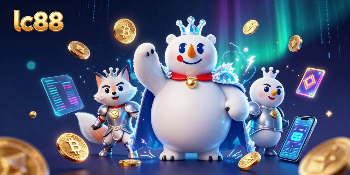 Experience thrilling gaming at lc88 with a 3D illustration featuring a polar bear king and crypto elements.