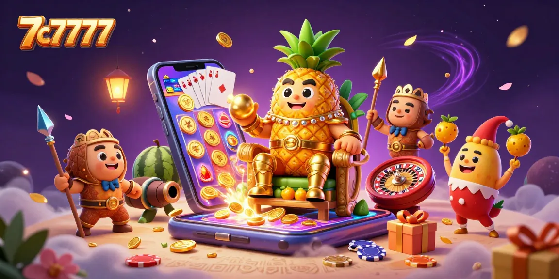 Engage with 7c7777 in this vibrant illustration of casino excitement filled with golden coins and game action.